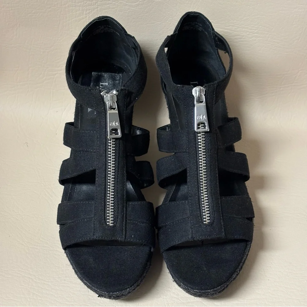 Ralph Lauren Kelcie Fabric Open Toe Casual Espadrille Wedge Sandals  Blk Sz 9